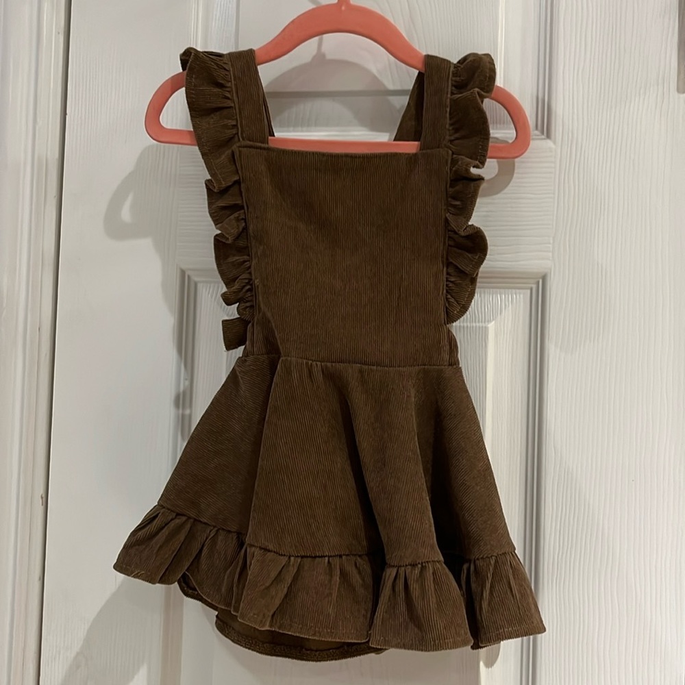(SET) 2 Pinafore Baby Dresses for Spring, Special Occasions, Gray & Brown
